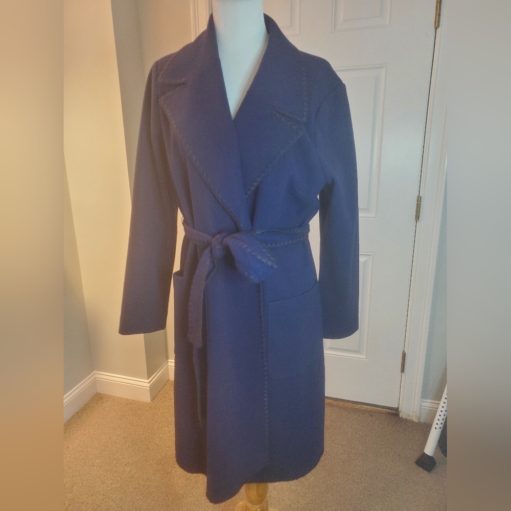 Beautiful By Lawrence Zarian Navy Blue Belted Knit, Lined Coat